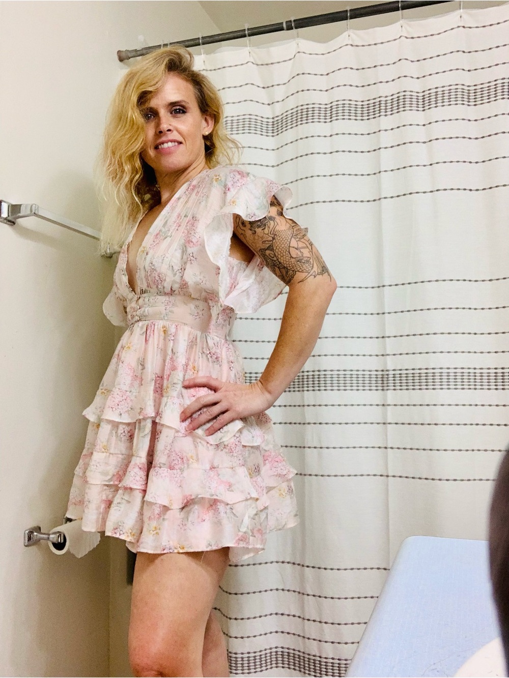 Storia Pink Floral Ruffle V-Neck Mini Dress Boutique